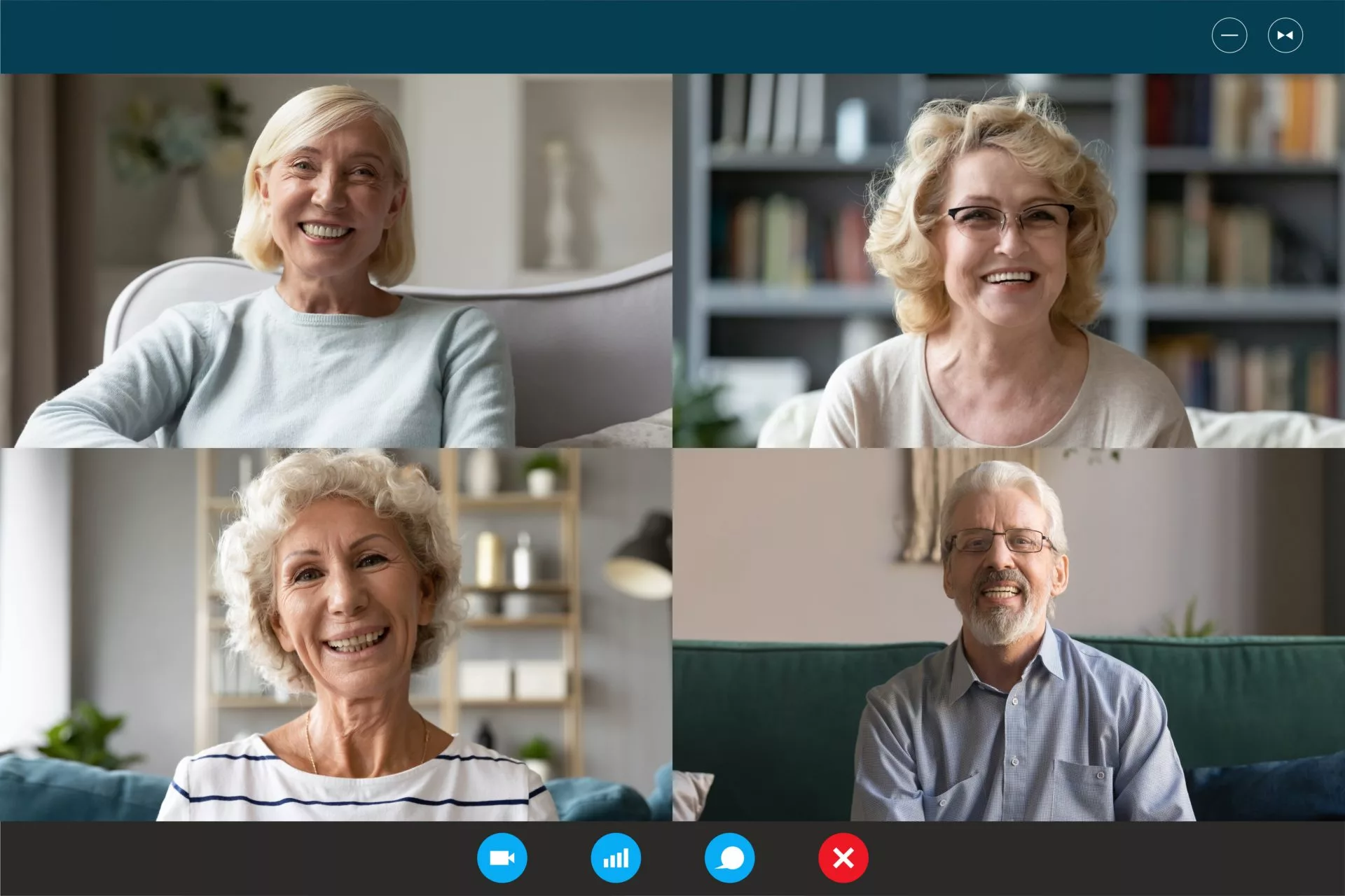 Video screen of 4 seniors sharing conversation online