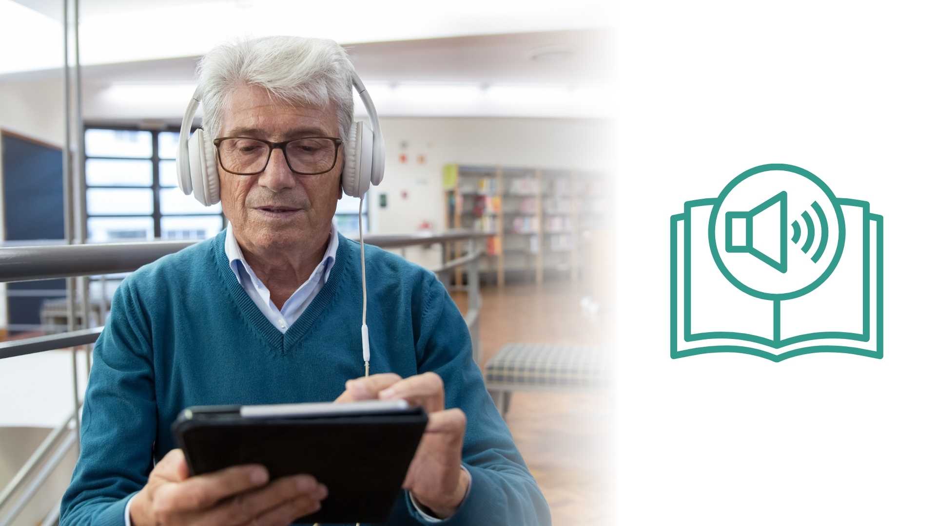 Older Australian man, in a library listening to an audiobook